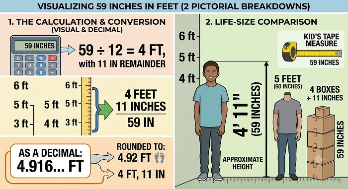 how tall is 59 inches in feet