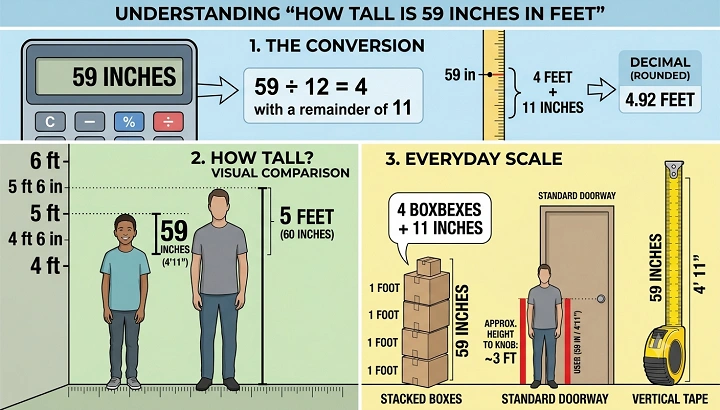 how tall is 59 inches in feet